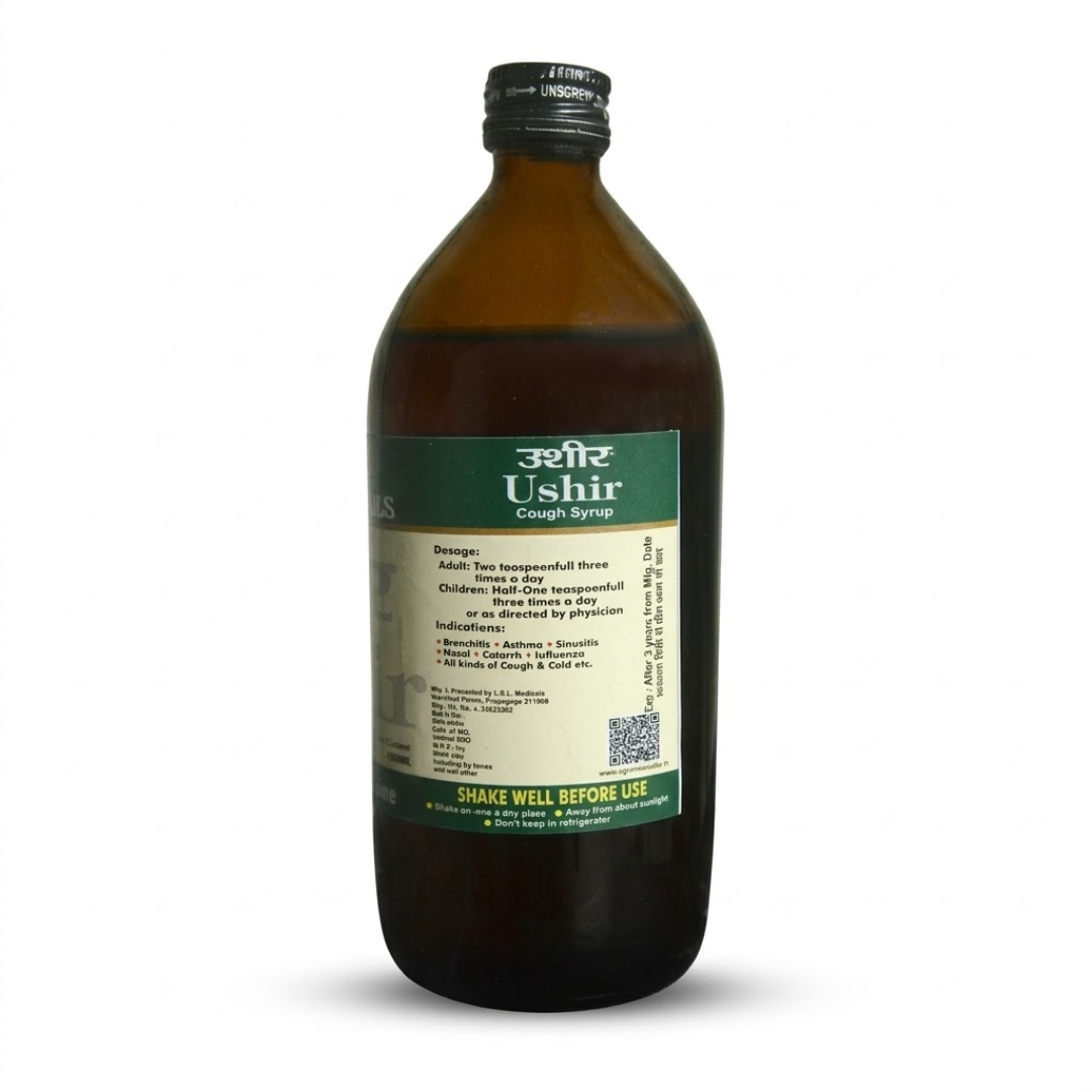 Ushir Cough Syrup 450ml Front View Bottle Ushir Ayurvedic Cough Syrup 450ml bottle front view SGI Medicals