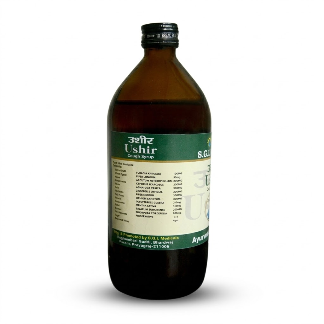 Ushir Cough Syrup 450ml Back Label Details Ushir Cough Syrup 450ml back label dosage ingredients and usage instructions