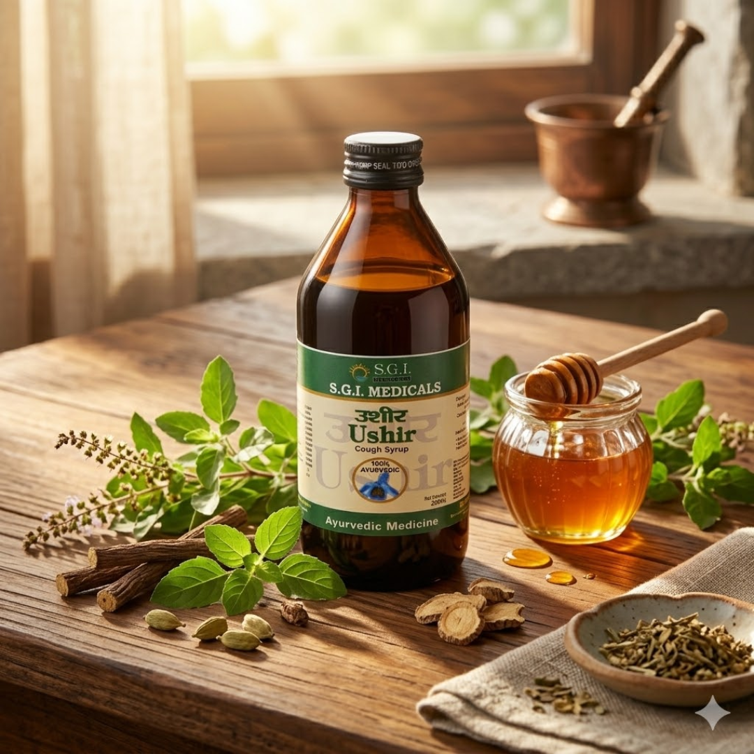 Ushir Cough Syrup Ayurvedic Lifestyle Image - SGI Medicals Ushir Cough Syrup by SGI Medicals with natural ayurvedic herbs honey and tulsi for cough relief